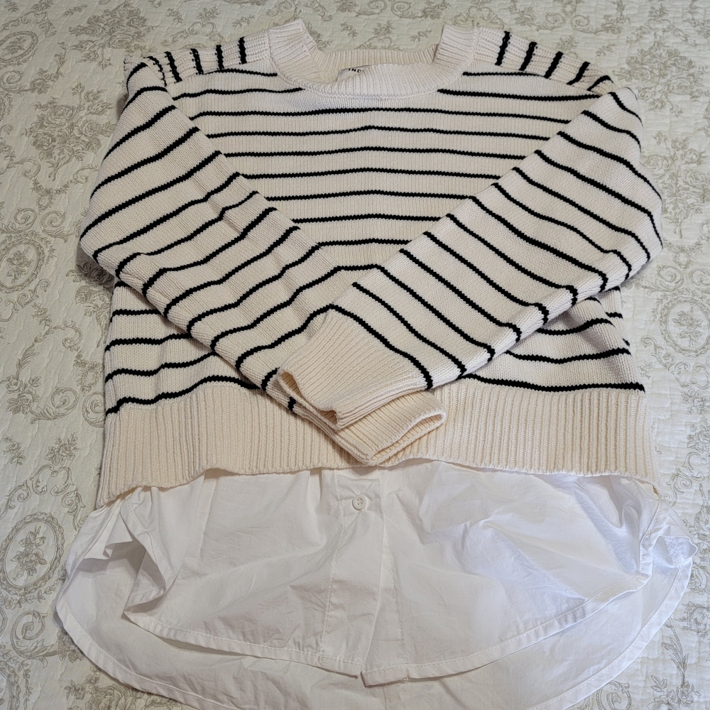 Striped Black and Cream Layered-look Sweater Size Small